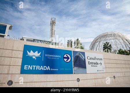 VALENCIA, SPAGNA - 13 OTTOBRE 2024: Ingresso all'Oceanografic Valencia, un importante acquario in Spagna e all'oceanario a Valencia, parte della città di A. Foto Stock