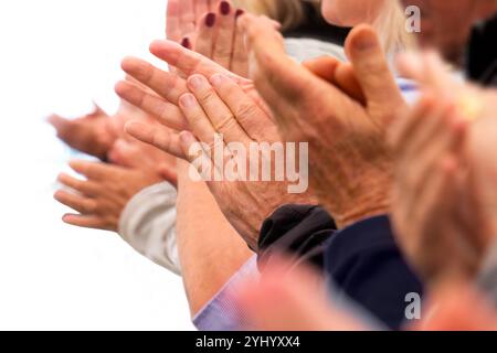 Applausi - batti le mani di un gruppo di persone di fila su sfondo bianco. Riconoscenti Anonymous adulti anziani nell'applaudire con entusiasmo. Foto Stock