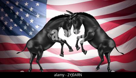 Lotta di sinistra americana e lotta interna di sinistra americana come due asini in una lotta come disunità politica democratica e disaccordo come ideologico Foto Stock