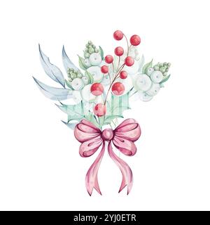 Bouquet di acquerelli natalizi con foglie verdi di agrifoglio e bacche rosse, bacche di neve. Composizione invernale con fiocco e decorazioni. Illustrazione disegnata a mano per Illustrazione Vettoriale