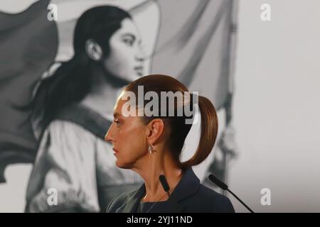 Non esclusiva: Claudia Sheinbaum Pardo, presidente del Messico, parla durante un briefing sul piano di sicurezza nazionale al Palazzo Nazionale. Foto Stock