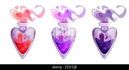 Bottiglie magiche a forma di cuore con pozioni incantate nei colori rosa, viola e viola intenso. Fumi mistici cartoni animati con minuscolo simbolo d'amore galleggiante, bolle rotonde e teschio fuoriescono dalle fiale di vetro. Illustrazione Vettoriale