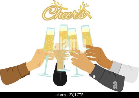 Gruppo di persone che festeggiano con champagne, mani con un bicchiere di champagne. illustrazione vettoriale isolata su sfondo bianco. Illustrazione Vettoriale