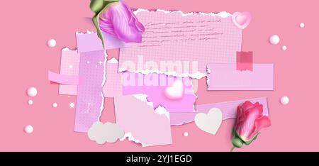 Composizione rosa romantica con carta strappata a griglia e fogli punteggiati. Decorato con rose fiorite, forme bianche del cuore ed elementi nuvolosi. Pezzi strappati sparsi per le carte di San Valentino o per le nozze. Illustrazione Vettoriale