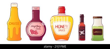 Set di flaconi per salsa isolati su sfondo bianco. Cartoni animati vettoriali contemporanei raffiguranti formaggi, mirtilli rossi, miele, peperoncino, condimento wasabi per piatti, dolci, acidi, condimenti caldi, menu del ristorante Illustrazione Vettoriale