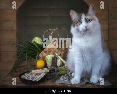 Ritratti un bel gattino su un tavolo da cucina Foto Stock