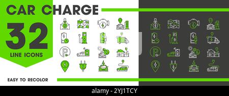 Icone della linea di ricarica per auto o veicoli elettrici e a energia verde, simboli vettoriali. Icone della linea della stazione di ricarica Electrocar con spina e presa a balestra verde, automobili EV o BEV sul motore elettrico Illustrazione Vettoriale