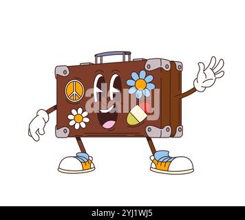 Personaggio della valigia da viaggio Cartoon in pelle goffrata con faccia divertente, fumetto hippie vettoriale anni '70. Borsa da viaggio o valigia con insegna di pace e adesivi con sorriso allegro in un cartone animato retrò Illustrazione Vettoriale