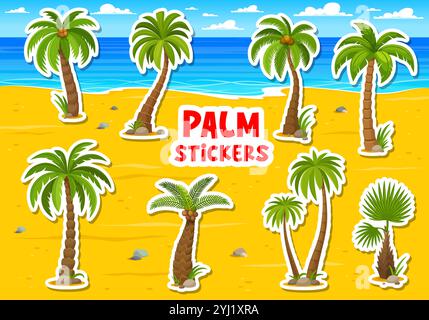 Gli adesivi con alberi di palma da cocco e banana nella giungla dei cartoni animati si impacchettano sulla spiaggia tropicale dell'isola sullo sfondo vettoriale del paesaggio naturale. Palme con tronchi curvi, frutti di cocco, foglie verdi e ammassi di fronde Illustrazione Vettoriale