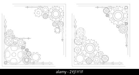 Sfondo del concept aziendale con ingranaggi a cremagliera disegnati a mano in stile boodle, cornice colorata, angolo e bordo che enfatizzano il lavoro di squadra e il progresso. Illustrazione Vettoriale