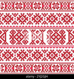 Stile Sami folk art Vector in stile invernale o natalizio con motivo bianco e rosso senza cuciture. Non generato dall'IA Illustrazione Vettoriale