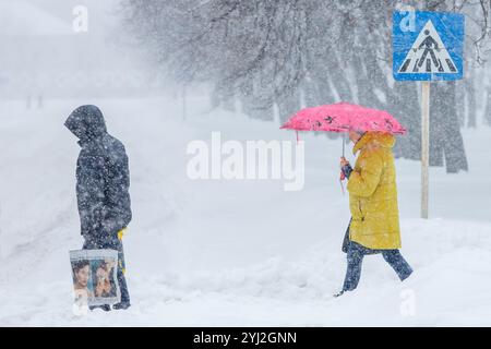 Ucraina, città di Romny, 01.08.2016: Una strada nevosa durante una forte nevicata. Passeggiata trasversale. C'è molta neve sul marciapiede, sulle auto e sui rami degli alberi. PEO Foto Stock