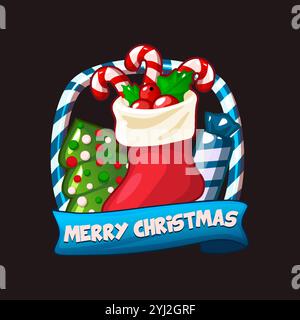 Cornice e calzino natalizio con caramelle, icona di buon Natale con tema natalizio icona di caramelle per il tuo gioco o biglietto d'auguri Illustrazione Vettoriale