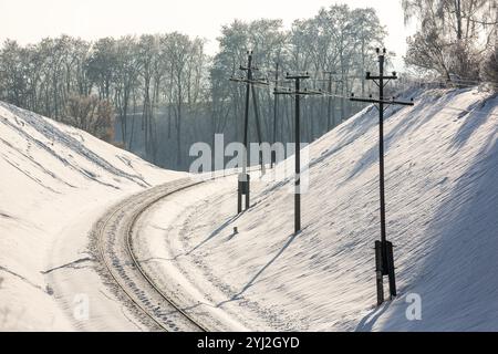 Ferrovia innevata in inverno. Binari ferroviari innevati. Ferrovia vuota in inverno. Foto Stock