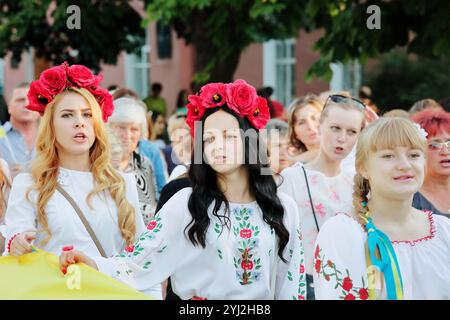 Romny, regione di Sumy, Ucraina. Giornata della gioventù, 29 giugno 2014. Persone in abiti tradizionali ucraini alla giornata della Gioventù dell'Ucraina Foto Stock