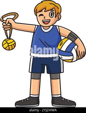 Giocatore di pallavolo con pallone e medaglie Illustrazione Vettoriale