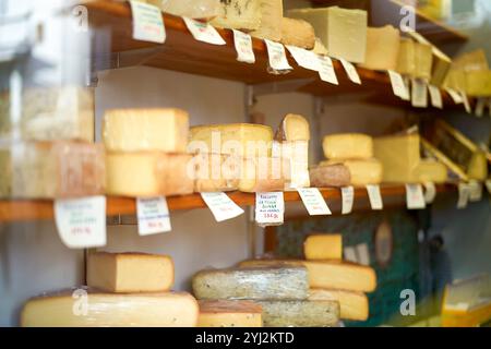 Formaggi assortiti su scaffali di legno con cartellini dei prezzi in un negozio di formaggi, visti attraverso la vetrina dello shopping Foto Stock