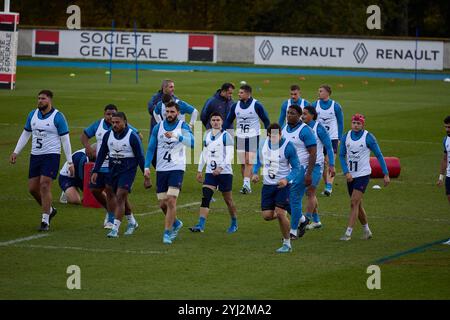 Marcoussis, Francia. 12 novembre 2024. Allenamento della squadra di rugby francese presso il centro nazionale di rugby Marcoussis (Essonne) per la partita contro la nuova Zelanda di sabato 16 novembre allo Stade de France, nell'ambito delle Autumn Nations Series 2024. Marcoussis National Rugby Center, Francia, il 12 novembre 2024. Foto di Jean Pierre Nguyen Van hai Barbier/ABACAPRESS. COM credito: Abaca Press/Alamy Live News Foto Stock