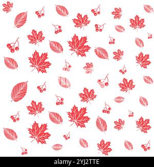 Motivo autunnale ad acquerello senza cuciture con foglie rosse e bacche rosse isolate su sfondo bianco Illustrazione Vettoriale