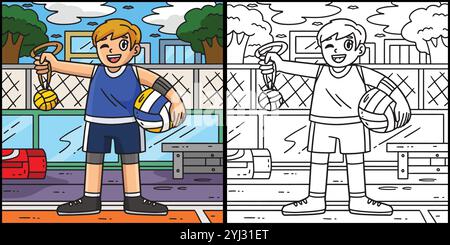 Giocatore di pallavolo con illustrazione di palla e medaglia Illustrazione Vettoriale