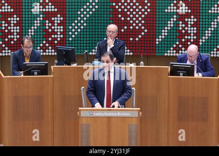 Duesseldorf, Germania. 13 novembre 2024. Nathanael Liminski (CDU), Ministro degli affari federali ed europei, degli affari internazionali e dei media dello Stato della Renania settentrionale-Vestfalia, interviene durante la sessione plenaria del Parlamento statale della Renania settentrionale-Vestfalia. Crediti: David Young/dpa/Alamy Live News Foto Stock