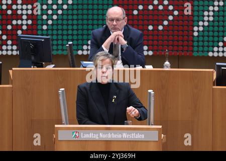 Duesseldorf, Germania. 13 novembre 2024. Mona Neubaur (Bündnis 90/Die Grünen), vice primo ministro della Renania settentrionale-Vestfalia, interviene alla sessione plenaria del parlamento statale della Renania settentrionale-Vestfalia. Crediti: David Young/dpa/Alamy Live News Foto Stock