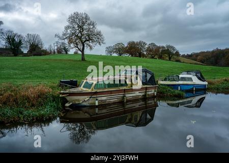 Barche ormeggiate lungo il canale di Caldon, lungo la via navigabile interna, vicino a Denford, Inghilterra, Regno Unito. Foto Stock