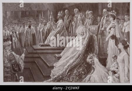 Incoronazione di re Giorgio V. dopo l'incoronazione. - I sovrani sui loro troni, con tutte le insegne dei reali. Londra. 1911 dopo che la regina è stata incoronata, a sua volta viene condotta al trono posto a sinistra del re e due passi sotto di esso. Per un momento, i due reali, le corone sulla testa e gli scettri nelle mani, si guardano l'un l'altro nella meravigliosa cornice della superba basilica e del magnifico pubblico. Poi entrambi si tolsero i mantelli e le corone e ripresero i loro scettri mentre si dirigevano verso la tavola della Santa Comunione. Foto Stock