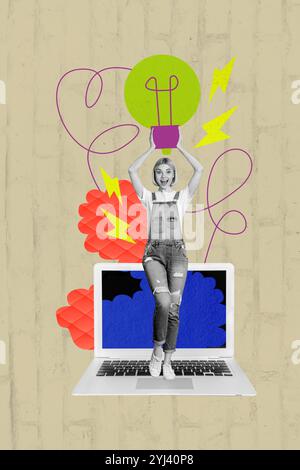 Grafica di tendenza composita immagine di schizzo 3D collage fotografico di una giovane donna stativo grande portatile portatile mano idea lampada lampada lampadina elettrica studente creativo Foto Stock