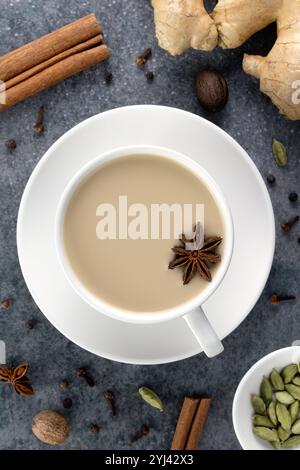 Tè masala indiano in una tazza bianca con spezie: Cannella, anice stellato, zenzero, chiodi di garofano, cardamomo su sfondo grigio. Foto Stock