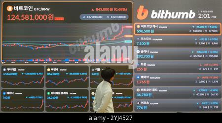 Seoul, Corea del Sud. 13 novembre 2024. Un dipendente sudcoreano guarda il display elettronico della borsa di criptovaluta Bithumb a Seoul. Bitcoin, la principale criptovaluta, è salito oltre $ 90.000 per la prima volta in assoluto. (Foto di Kim Jae-Hwan/SOPA Images/Sipa USA) credito: SIPA USA/Alamy Live News Foto Stock