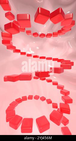 rendering 3d scala a spirale mobile rossa. blocchi arrotondati con sfondo rosa lucido ondato Foto Stock