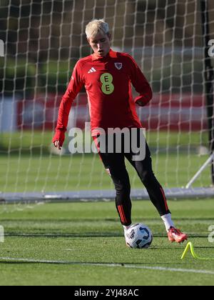 Cardiff, Regno Unito. 13 novembre 2024. Rubin Colwill del Galles in azione durante l'allenamento della squadra di calcio gallese a Hensol, vale of Glamorgan, nel Galles del Sud, mercoledì 13 novembre 2024. La squadra si sta allenando in vista delle prossime partite del campionato delle Nazioni UEFA contro Turchia e Islanda. foto di Andrew Orchard/Alamy Live News Foto Stock