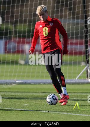 Cardiff, Regno Unito. 13 novembre 2024. Rubin Colwill del Galles in azione durante l'allenamento della squadra di calcio gallese a Hensol, vale of Glamorgan, nel Galles del Sud, mercoledì 13 novembre 2024. La squadra si sta allenando in vista delle prossime partite del campionato delle Nazioni UEFA contro Turchia e Islanda. foto di Andrew Orchard/Alamy Live News Foto Stock