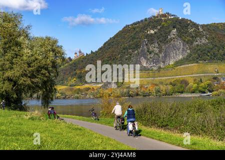 Pista ciclabile sul Drachenfels, una montagna nel Siebengebirge sul Reno tra Bad Honnef e Koenigswinter, con le rovine del castello di Drachenfels e il Dr Foto Stock