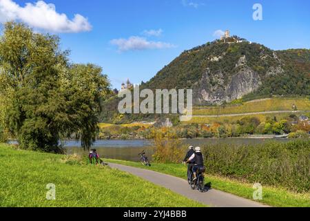 Pista ciclabile sul Drachenfels, una montagna nel Siebengebirge sul Reno tra Bad Honnef e Koenigswinter, con le rovine del castello di Drachenfels e il Dr Foto Stock