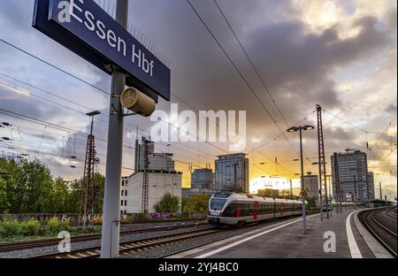 Treno regionale in arrivo alla stazione centrale di Essen, binario, skyline del centro città, Renania settentrionale-Vestfalia, Germania, Europa Foto Stock