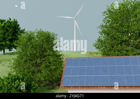 Una casa con pannelli solari circondata da alberi e una turbina eolica, che simboleggia l'energia rinnovabile. rendering 3d. Foto Stock