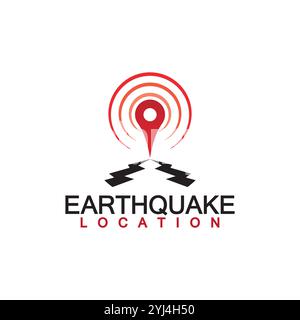 Design dell'icona del logo della posizione del terremoto isolato su sfondo bianco. Icona Mappa e terremoto Illustrazione Vettoriale