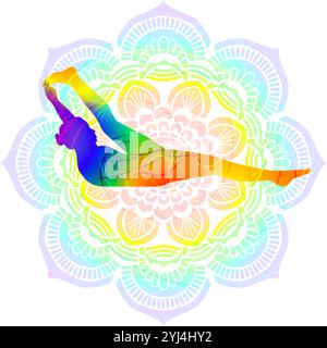 Silhouette colorata di donna che pratica Supta Padangushthasana Una posa yoga. Supina mano a punta grossa. Illustrazione vettoriale isolata Illustrazione Vettoriale