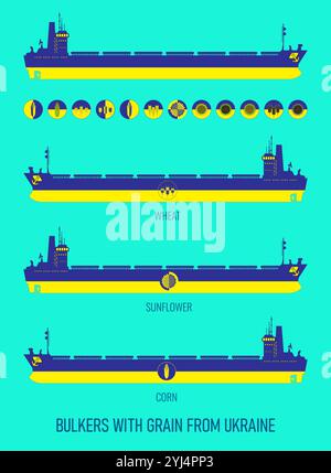 Serie di icone di navi da carico secche per il trasporto di cereali alla rinfusa e icone di grano, mais, girasole nei colori della bandiera Ucraina. Costruttore f Illustrazione Vettoriale