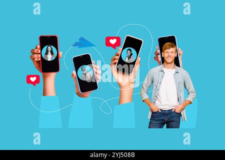 Grafica di tendenza composita immagine di schizzo 3D collage fotografico di un giovane uomo in piedi mani di presa profilo utente smartphone rete di siti web di app lady man Foto Stock