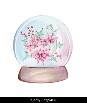 Globo da neve acquerello, agitatore a sfera in vetro. Bouquet di fiori di punta rossa con foglie verdi di agrifoglio e mignolo, bacche rosse. Palla decorativa di Capodanno Illustrazione Vettoriale