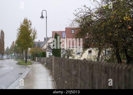 Langweid, Baviera, Germania - 13 novembre 2024: Immagine simbolica dei cambiamenti climatici e delle nevicate in Baviera. Precipitazioni su una strada in un villaggio *** Symbolbild Wetterumschwung und Schneefall a Bayern. Niederschlag auf einer Straße in einem Dorf Foto Stock