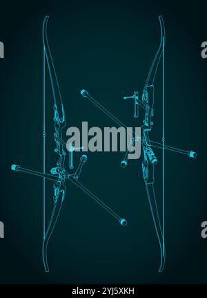 Illustrazione vettoriale stilizzata di blueprint isometrici del kit di arco ricorsivo bersaglio Illustrazione Vettoriale