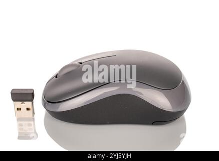 Un mouse wireless per computer, macro, isolato su sfondo bianco. Foto Stock