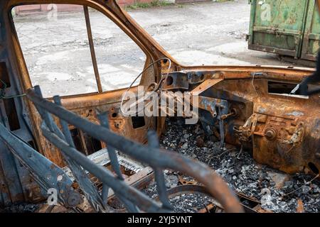 Mostra gli effetti devastanti del tempo e della natura su un veicolo lasciato in rovina Foto Stock