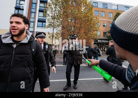 Londra, Regno Unito. 12 novembre 2024. Gli agenti della polizia metropolitana allontanano l'attivista iraniana Niyak Ghorbani (dietro) da Francesca Albanese, la relatrice speciale delle Nazioni Unite sui territori palestinesi occupati (OPT), mentre arriva per parlare alla Queen Mary University di Londra. Il relatore speciale è un esperto indipendente nominato dal Consiglio per i diritti umani delle Nazioni Unite per seguire e riferire sulla situazione dei diritti umani nell'OPT. L'avvocato internazionale Francesca Albanese, che è stata nominata al ruolo nel maggio 2022, ha affrontato una campagna duratura per screditarla dal governo israeliano e dal suo sostenitore Foto Stock