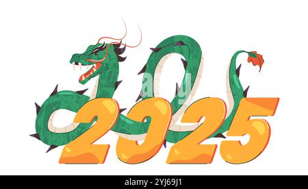 Striscione vettoriale o carta con simbolo di serpente di legno di 2025 anni. Stampa di Capodanno o segno di serpente verde. Il simbolo dello zodiaco cinese. Illustrazione Vettoriale