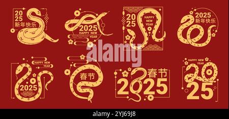Set di etichette o stampe di serpenti dorati per Capodanno 2025. Clip art vettoriale. Sagome di rettili con numeri dell'anno e decorazioni orientali. Illustrazione Vettoriale